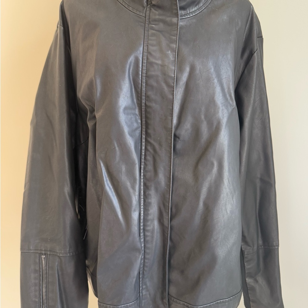 Ava & Viv Black Faux Leather Jacket with Stand-Up Collar